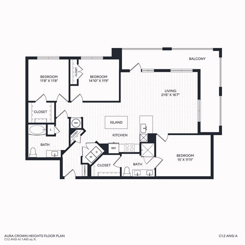 Floor plan for 3 beds, 2 baths, 1485 sqft